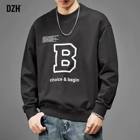 男士深灰色美式基础b字卫衣男重磅圆领秋季男款上衣宽松2023新款商品大图