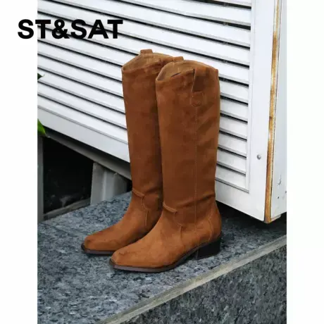 星期六 西部高筒牛仔靴女秋冬不过膝方小方头粗跟长筒靴百搭尖头商品大图