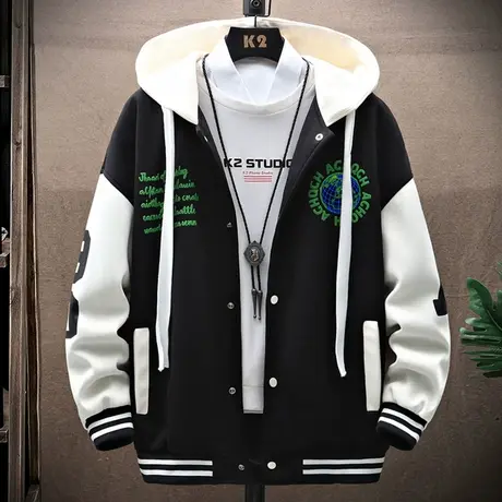 连帽卫衣开衫男士棒球服春秋季套装2023新款夹克外套青少年学生男商品大图