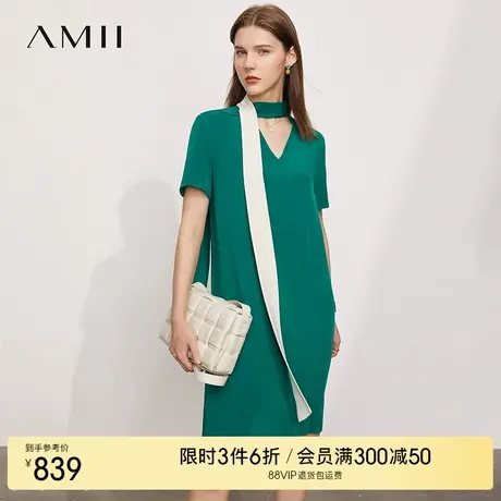 Amii2025夏新款轻奢真丝桑蚕丝V领短袖连领飘带直筒无弹连衣裙图片