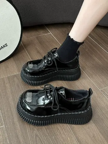 大头日系黑色小皮鞋女2023秋季新款英伦风松糕厚底增高jk系带单鞋商品大图