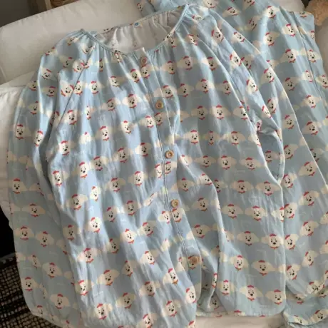 新品A类全棉双层纱蓝色小狗小翻领长袖长裤睡衣套装棉纱家居服商品大图