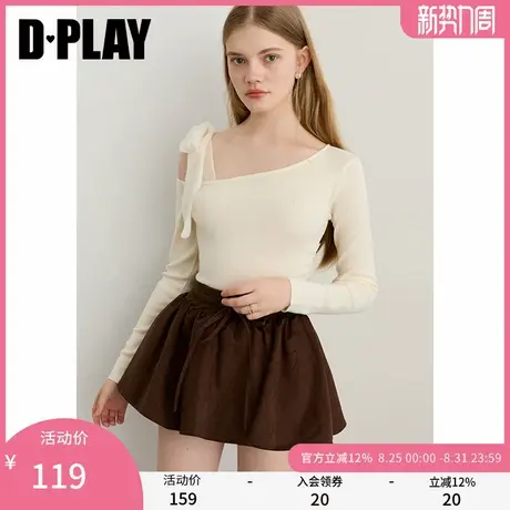 DPLAY2025年秋季新款白色针织衫女露肩蝴蝶结设计长袖上衣小衫商品大图