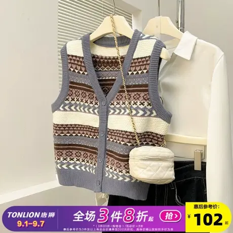 唐狮2025秋冬毛衣女文艺复古风V领开衫马甲外穿高级感百搭ins商品大图