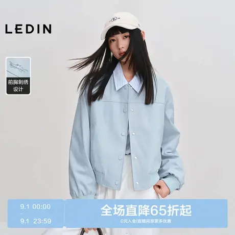 乐町圆领棒球服夹克冬季新款韩系甜美刺绣挺阔质感PU仿皮衣外套商品大图