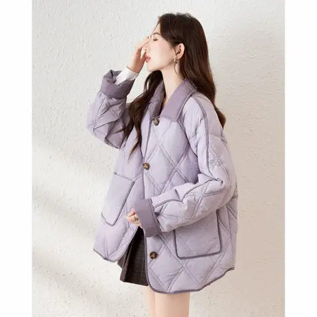 【防水】唐狮撞色初冬轻薄羽绒服女款2024新款拼接短款菱格外套图片