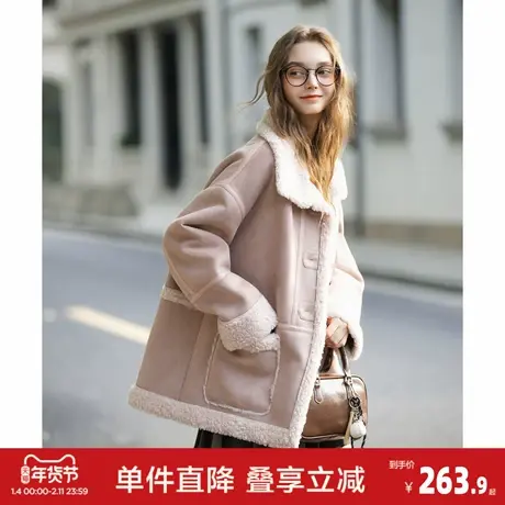 唐狮2026秋冬装女外套气质甜美小众女士翻领皮毛一体中长款外套图片