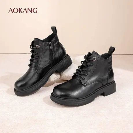 奥康 女鞋2025秋冬新款低跟短筒真皮单靴子真皮马丁靴细带短靴女N图片