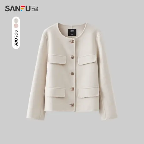 三福厚外套2023新款秋冬季假口袋小香风小个子呢子上衣女装476023图片