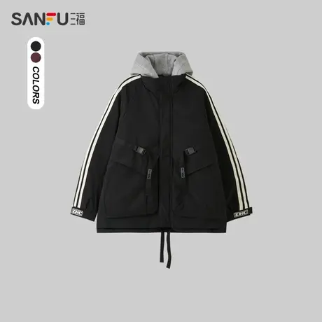三福2023冬男士侧边织带机能卡扣长棉衣 宽松连帽外套男478008商品大图