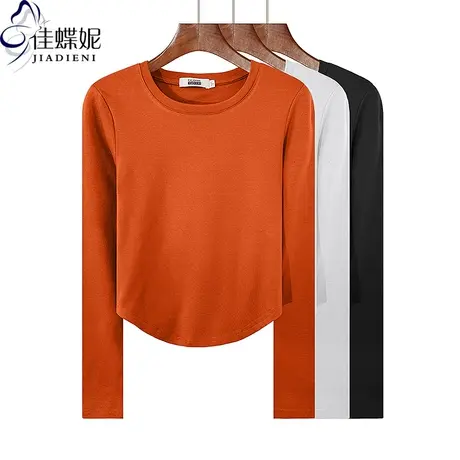 秋冬新款圆领修身显瘦纯欲圆弧下摆纯棉纯色长袖体恤上衣女打底衫商品大图