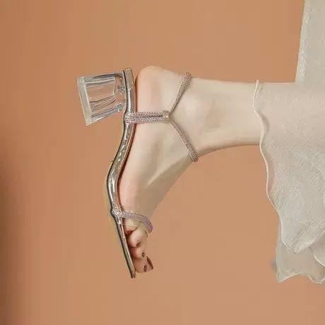 凉鞋女夏2023年新款韩系小众法式透明中粗跟仙女配裙一字带高跟鞋商品大图