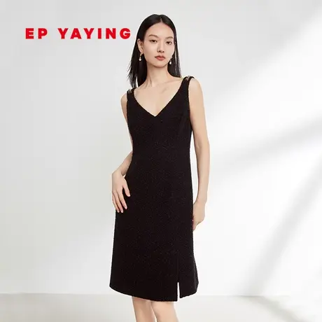 EP雅莹女装 粗花呢肌理感V领小黑裙吊带连衣裙 秋冬商场同款4205A图片