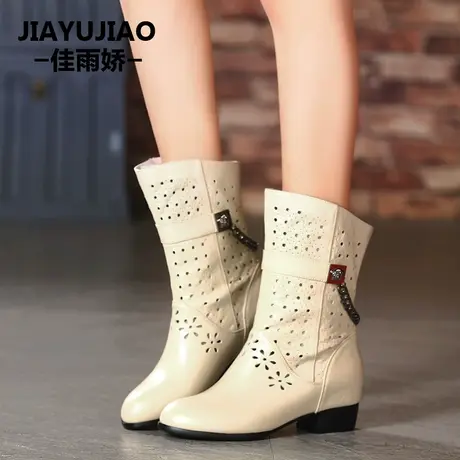 春季镂空单靴新款低跟洞洞靴粗跟单短靴真皮镂空凉靴女士圆头网靴商品大图