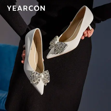 意尔康晚晚风真皮单鞋2024春季新款蝴蝶结钻饰浅口细跟黑色高跟鞋图片