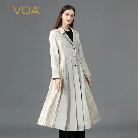 VOA真丝提花38姆米灰色西装领工字褶精致印花中长款桑蚕丝外套商品大图