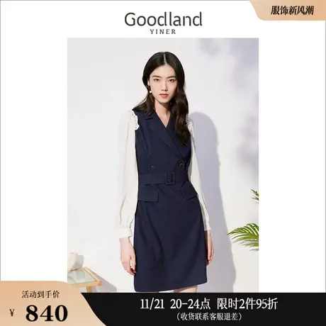 Goodland美地女装秋季泡泡袖拼接钉珠西装连衣裙图片