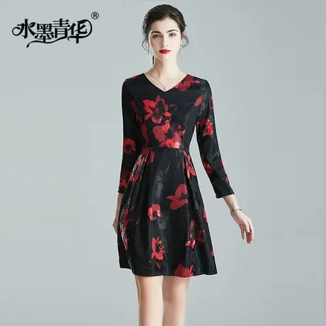 水墨青华春装新品时尚V领修身长袖网格蕾丝印花连衣裙图片