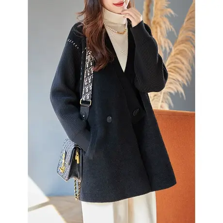 宝诗黎V领一粒扣针织开衫女中长宽松慵懒腰带外套2023秋冬季新款商品大图