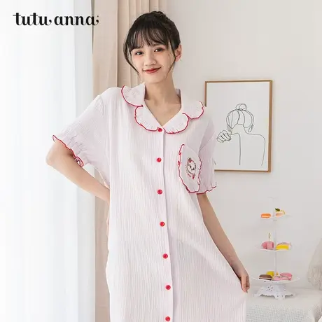 tutuanna家居服睡衣 女 公主风素色口袋小熊刺绣前扣舒适短袖睡裙图片
