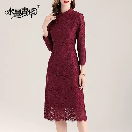 【1件7.9折】新款秋装优雅蕾丝连衣裙时尚修身收腰百搭A字打底裙商品大图