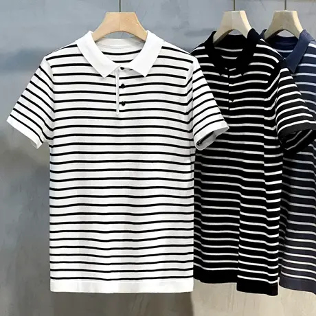 条纹男士短袖t恤夏季2023新款商务休闲翻领polo衫修身男针织衫潮商品大图