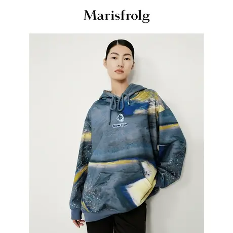 【曹雨西联名款】玛丝菲尔女装23春装新款深蓝色宽松设计感卫衣商品大图