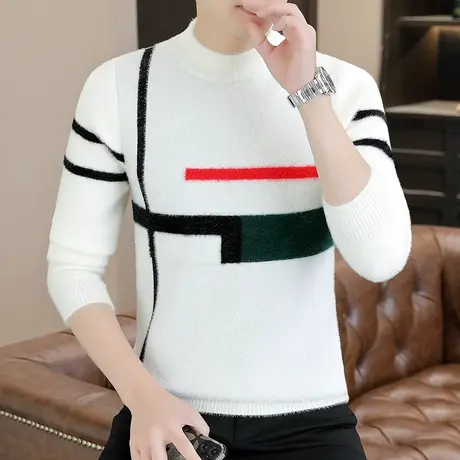 条纹水貂绒毛衣男秋冬季潮流加厚针织打底衫一体绒潮牌ins毛线衣商品大图