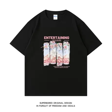 夏季ins港风粉色花朵纯棉短袖t恤男女情侣宽松休闲半袖体恤上衣商品大图