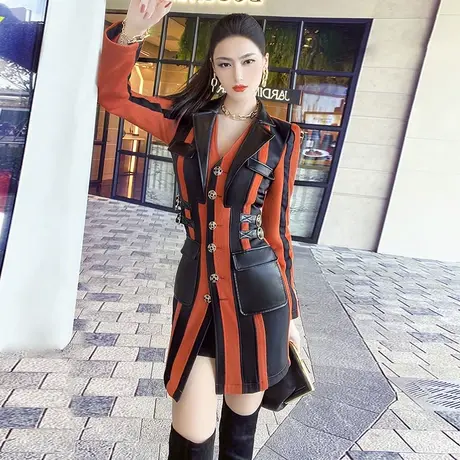 VJE冬季英伦风帅气撞色拼接呢大衣新款气质修身显瘦毛呢外套图片