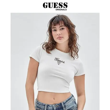 GUESSOriginals 新款女刺绣LOGO修身短款圆领T恤-W2RP26K9RM3商品大图