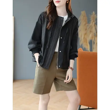 宝诗黎连帽抽绳拼接拉链开衫女士上衣2023秋季新款纯色宽松短外套商品大图