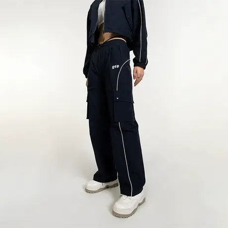 YEP藏青工装休闲裤女2024新款春秋设计感小众辣妹阔腿裤运动长裤图片