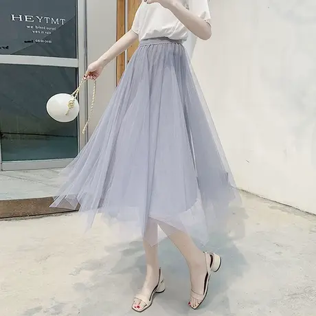 春秋新款显瘦不规则下摆仙女蓬蓬裙中长款网纱半身裙a字8929g图片