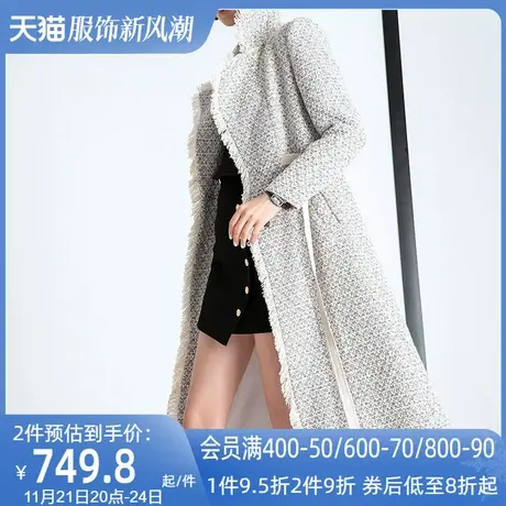 粗花呢欧美风绑带毛呢外套女中长款2024秋冬新款时尚气质呢子大衣商品大图