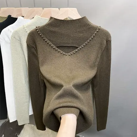 半高领毛衣女钉珠打底衫2023秋冬新款套头镂空外穿针织衫内搭上衣商品大图