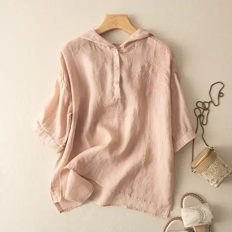 享永子短袖苎麻上衣女文艺复古连帽棉麻小衫宽松百搭2023夏季新款商品大图