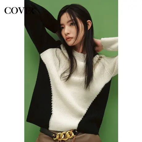 COVER冬季不对称撞色几何拼接镂空毛织衫商品大图