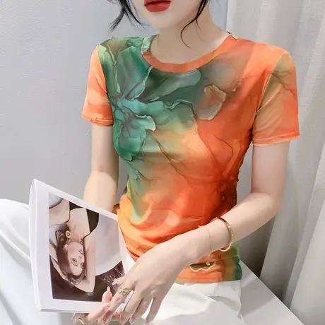 复古印花短袖T恤女夏装2024新款修身显瘦圆领上衣气质网纱小衫ins商品大图