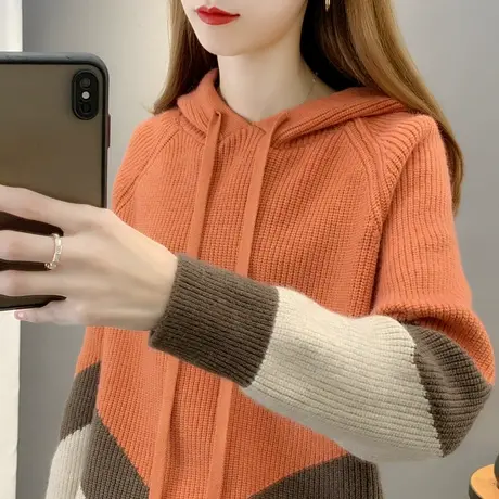 2024年春季新款爆款连帽拼色毛衣女套头外穿洋气针织衫减龄内搭女图片
