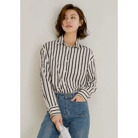 弥古复古条纹衬衫女上衣长袖显瘦高级感2025春季女装宽松纯棉衬衣商品大图
