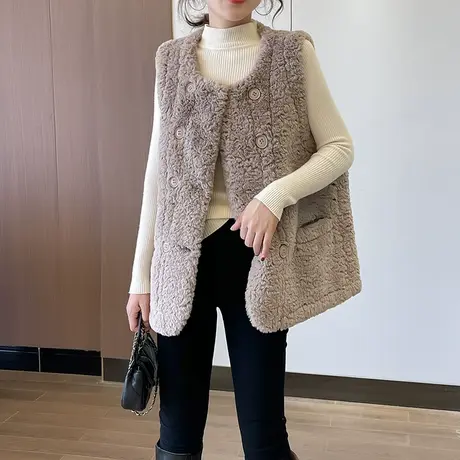 2023秋冬新款韩版羊羔毛马甲宽松无袖外套坎肩女纯色背心马夹外套商品大图