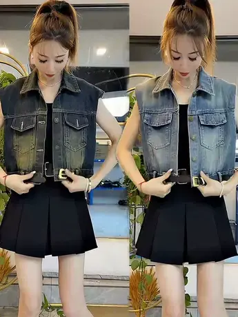 早秋美式复古小众设计感短款背心小个子百搭洋气牛仔马甲外套女潮商品大图