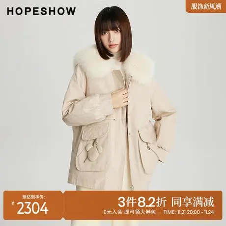 红袖outlets拉链狐狸毛领派克服hopeshow2023冬款一手长保暖外套商品大图
