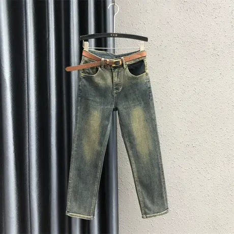 欧货做旧直筒裤女秋冬新款复古怀旧小个子高腰百搭牛仔加绒九分裤商品大图