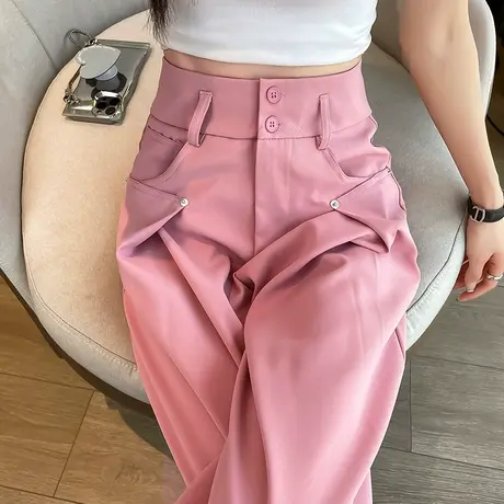 粉色阔腿裤女2023年春秋新款高腰垂感直筒宽松显瘦设计感休闲西裤图片