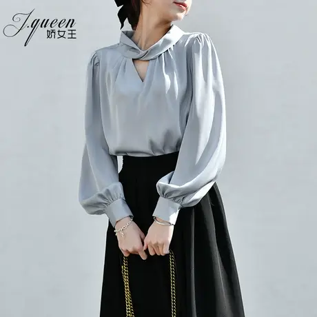 长袖衬衫女上衣春季新款法式气质轻熟风高级感缎面雪纺泡泡袖衬衣商品大图