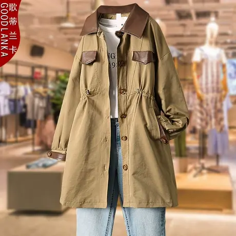 加肥加大码女装2022新款中年女士妈妈装撞色中长款风衣外套200斤商品大图