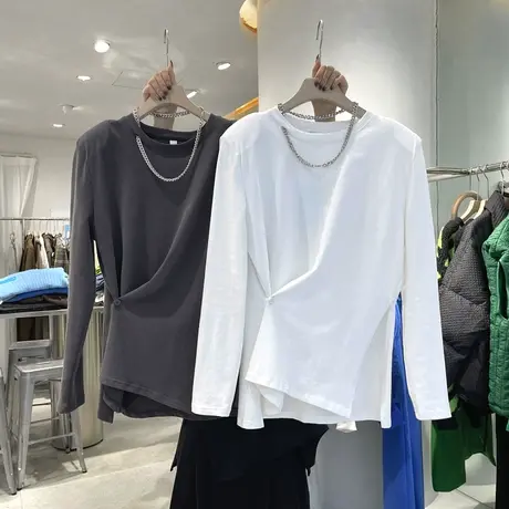 2022秋季韩版新款小众垫肩领口挂链下摆两边开叉纽侧扣纯色T恤女商品大图