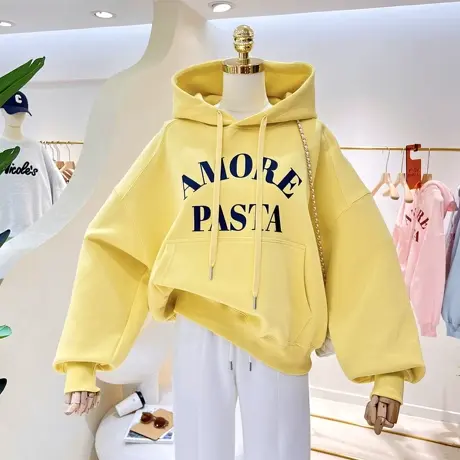 春秋百搭简约复古字母宽松大码短款连帽卫衣女帽衫休闲外套小个子图片